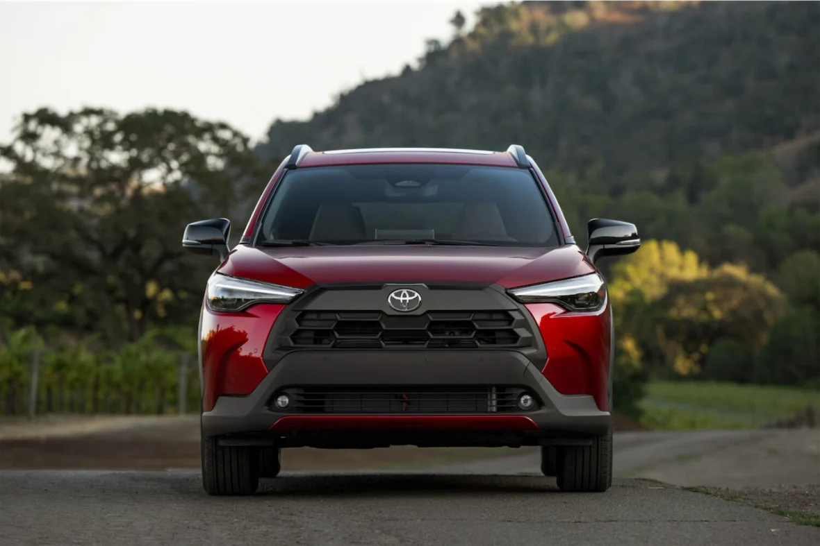 Front view of the Corolla Cross XLE in Soul Red Crystal