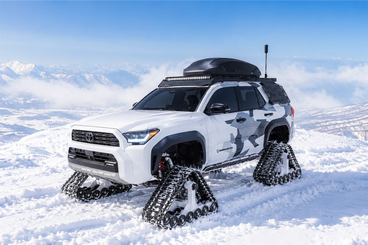 Toyota 4Runner Snowhunter concept with a roof cargo box on snow tracks