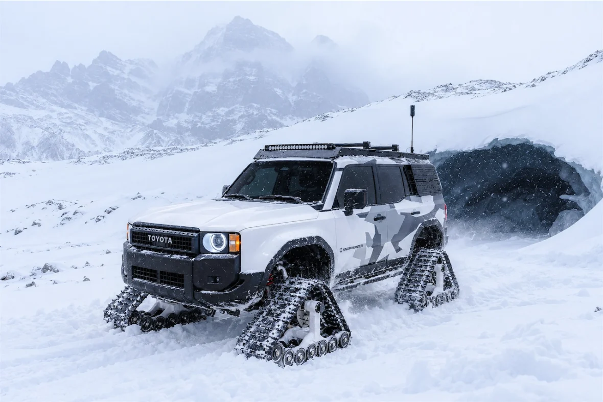 Toyota Land Cruiser Snowhunter concept on snow tracks near a snowy cave