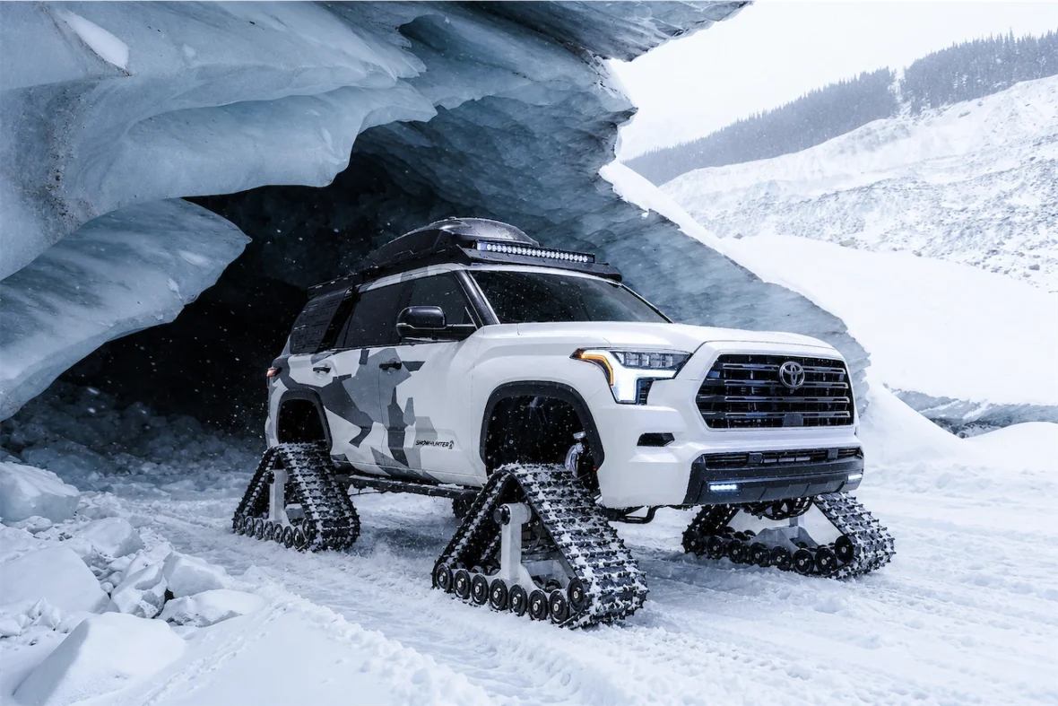 Toyota Sequoia Snowhunter concept on snow tracks in front of an ice cave