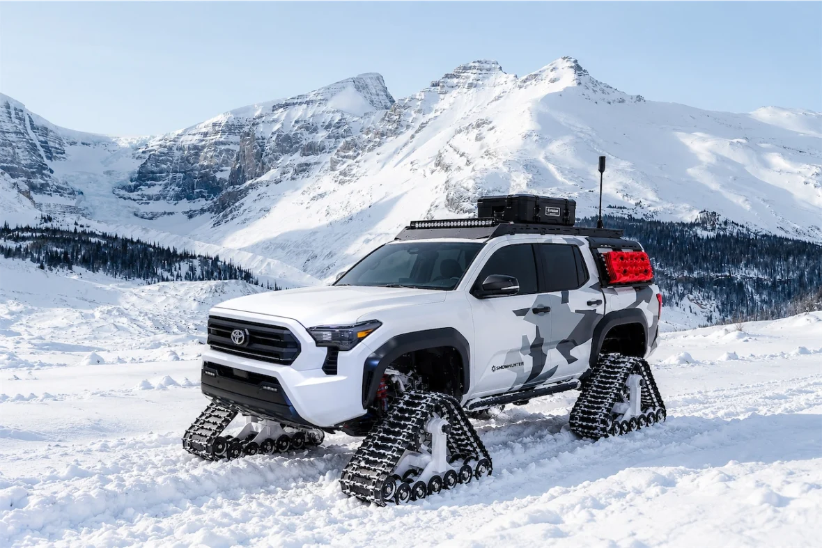 Toyota Tacoma Snowhunter concept with a roof rack and bed rack on snow tracks