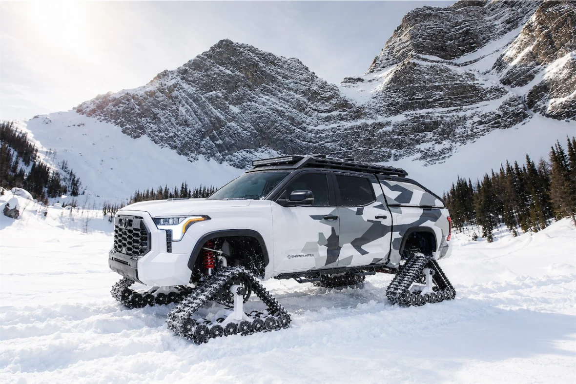 Toyota Tundra Snowhunter concept on snow tracks in front of a mountain