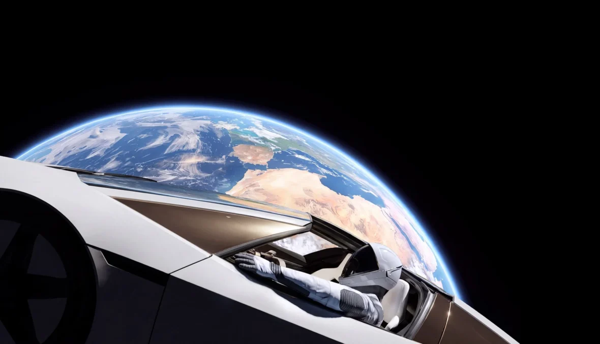 Tesla Roadster cockpit view with Earth in the background