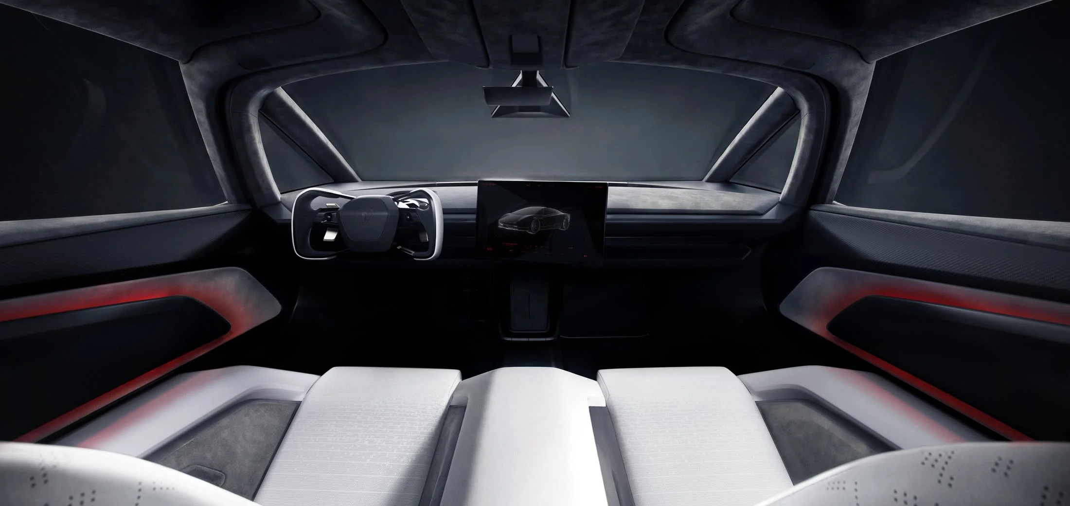 Tesla Roadster interior with yoke steering and Ultrawhite seats