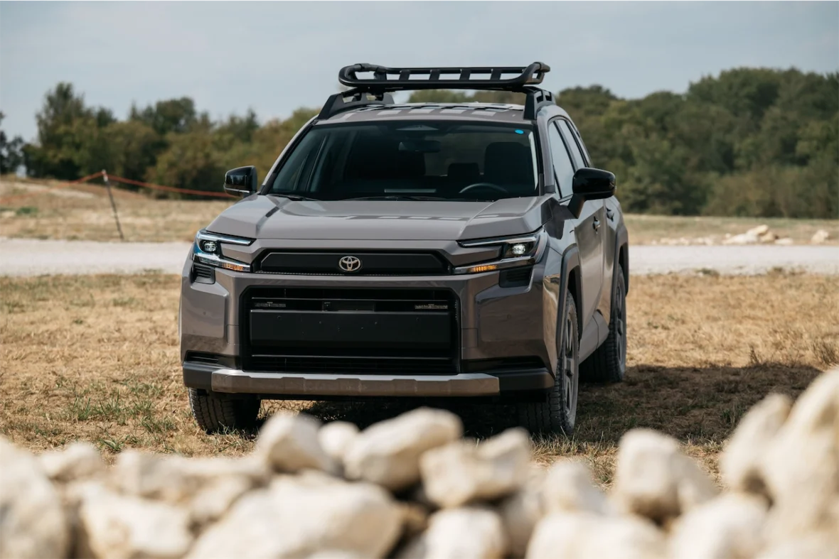 Front view of the 2026 Toyota RAV4 PHEV Woodland with a roof basket