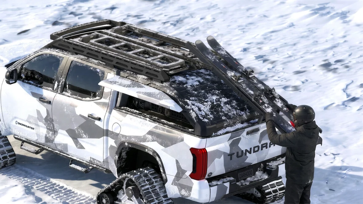 CALTY rendering of the Toyota TrailLift Pro Rack System Concept lowering on the Tundra Snowhunter