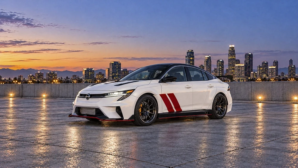 Nissan Sentra Spec-V concept at SEMA 2026 in white with red stripes