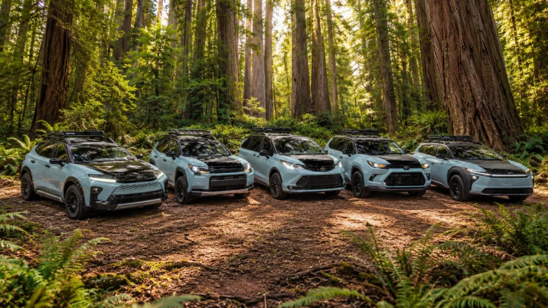 Toyota Woodland concepts lined up in a redwood forest for SEMA 2026
